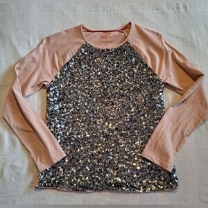 Mini Boden girls size 11-12 years sequin front shirt, light tan silver sequins